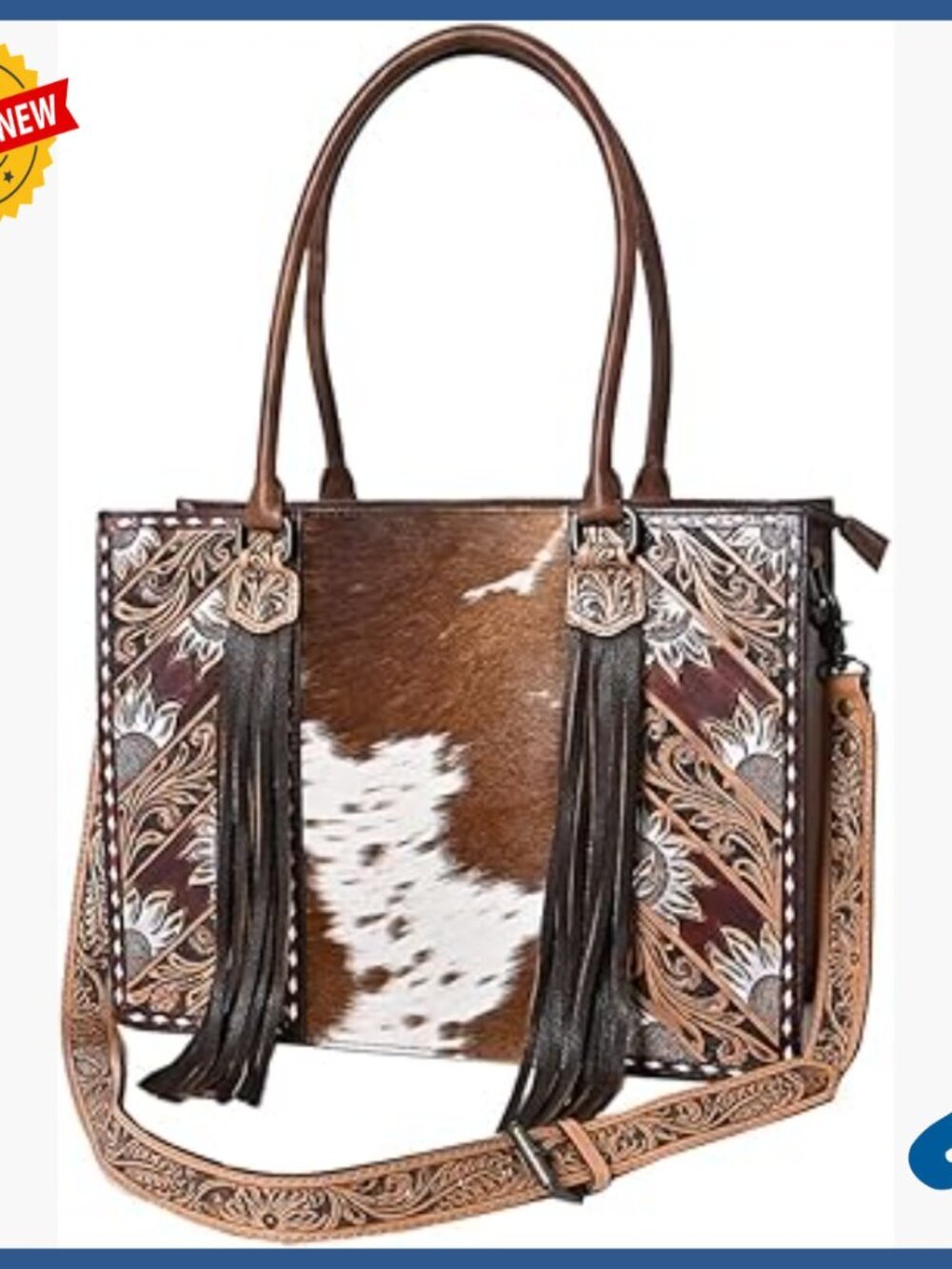 Large Western Leather Tote Bag with Hair-On Cowhide & Fringe Details